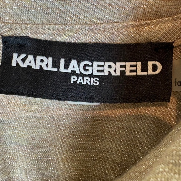 Karl Lagerfeld Paris Gold Shimmer Pleated Front/Keyhole Knit 3/4 Sleeve Pullover - Picture 8 of 10